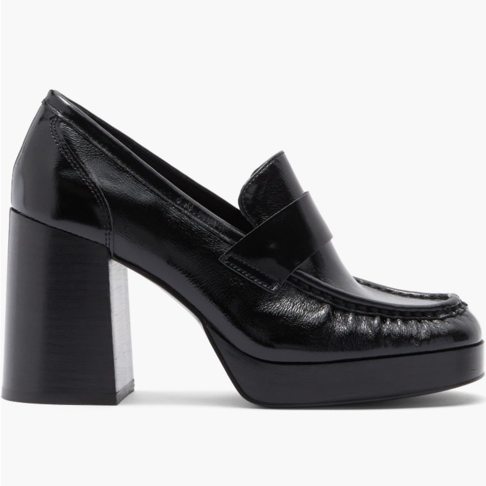 Steve Madden MUNDAY Shiny Black Leather Loafer Heels 8.5 LIKE NEW